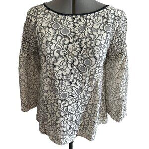 Loft Womens Small White Floral Lace Top With Black Trim & Smocked 3/4 Sleeves